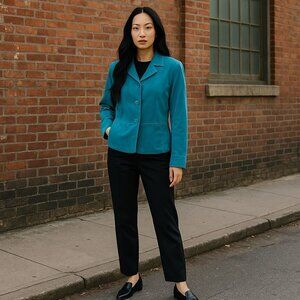 VTG Suedessence Women L Turquoise Jacket Suede Leather Button Up Blazer Classic